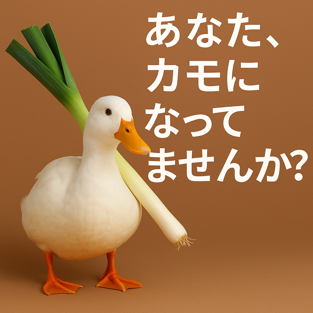 A duck with a leek on its back, with the Japanese phrase "あなた、カモになってませんか？" ("Aren't you being a sucker?")