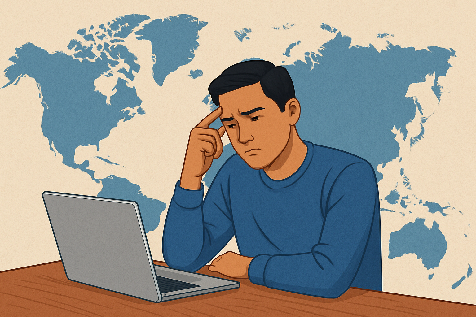 A person thinking while using a laptop, with a world map in the background.