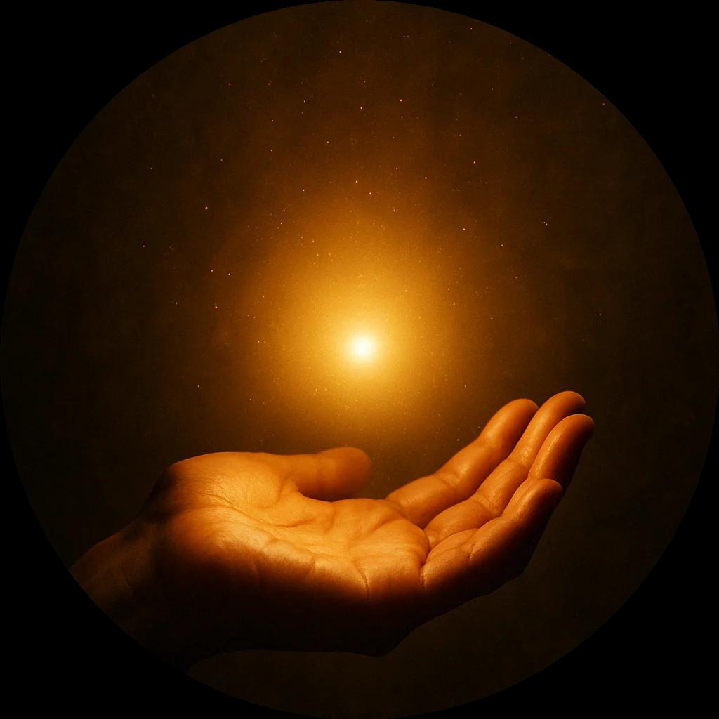 A pair of hands gently holding a glowing light in the darkness