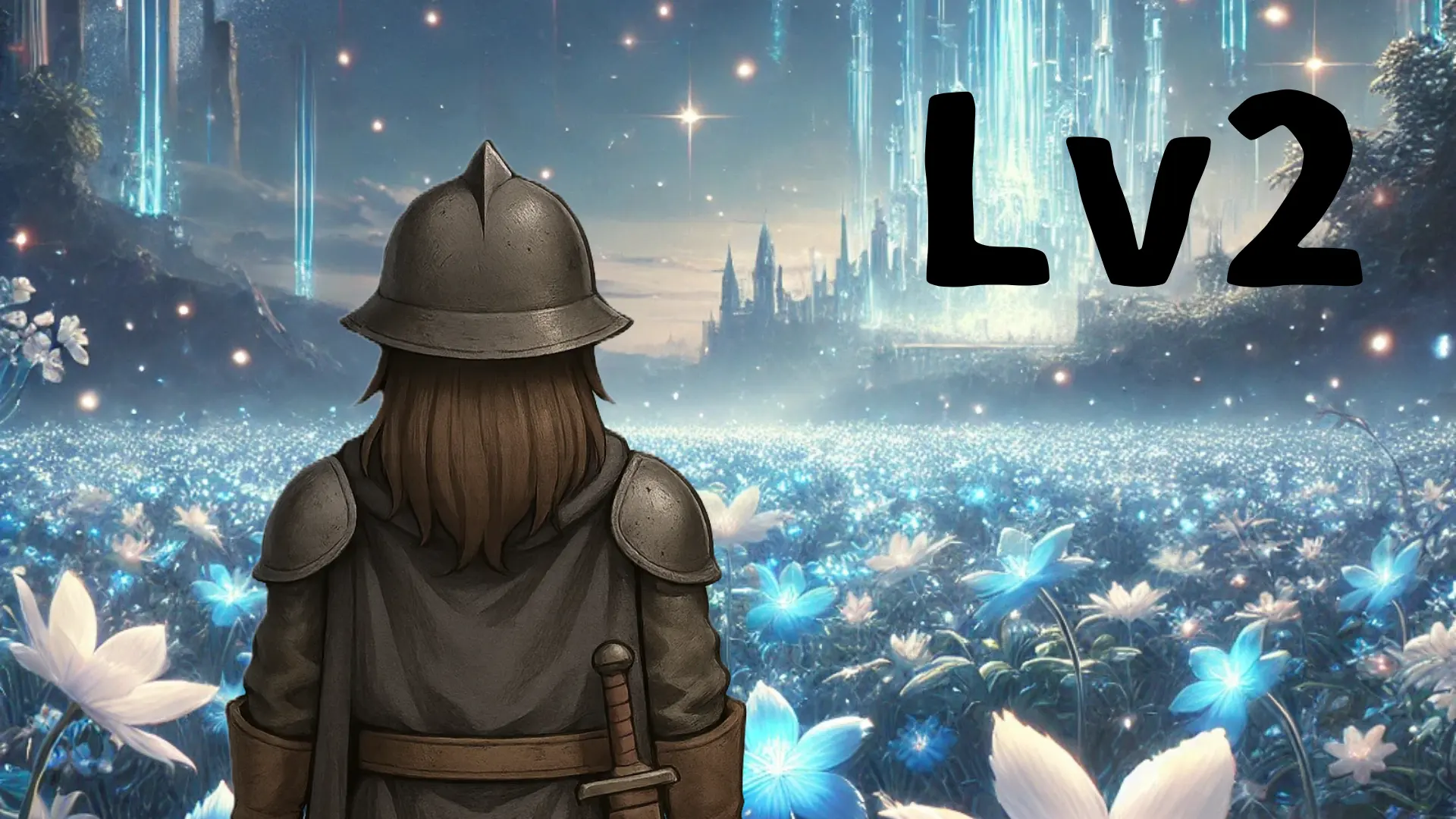 A young adventurer stands in a glowing blue flower field, gazing toward a radiant, floating castle. The text "Lv2" suggests the next step in a personal journey.
