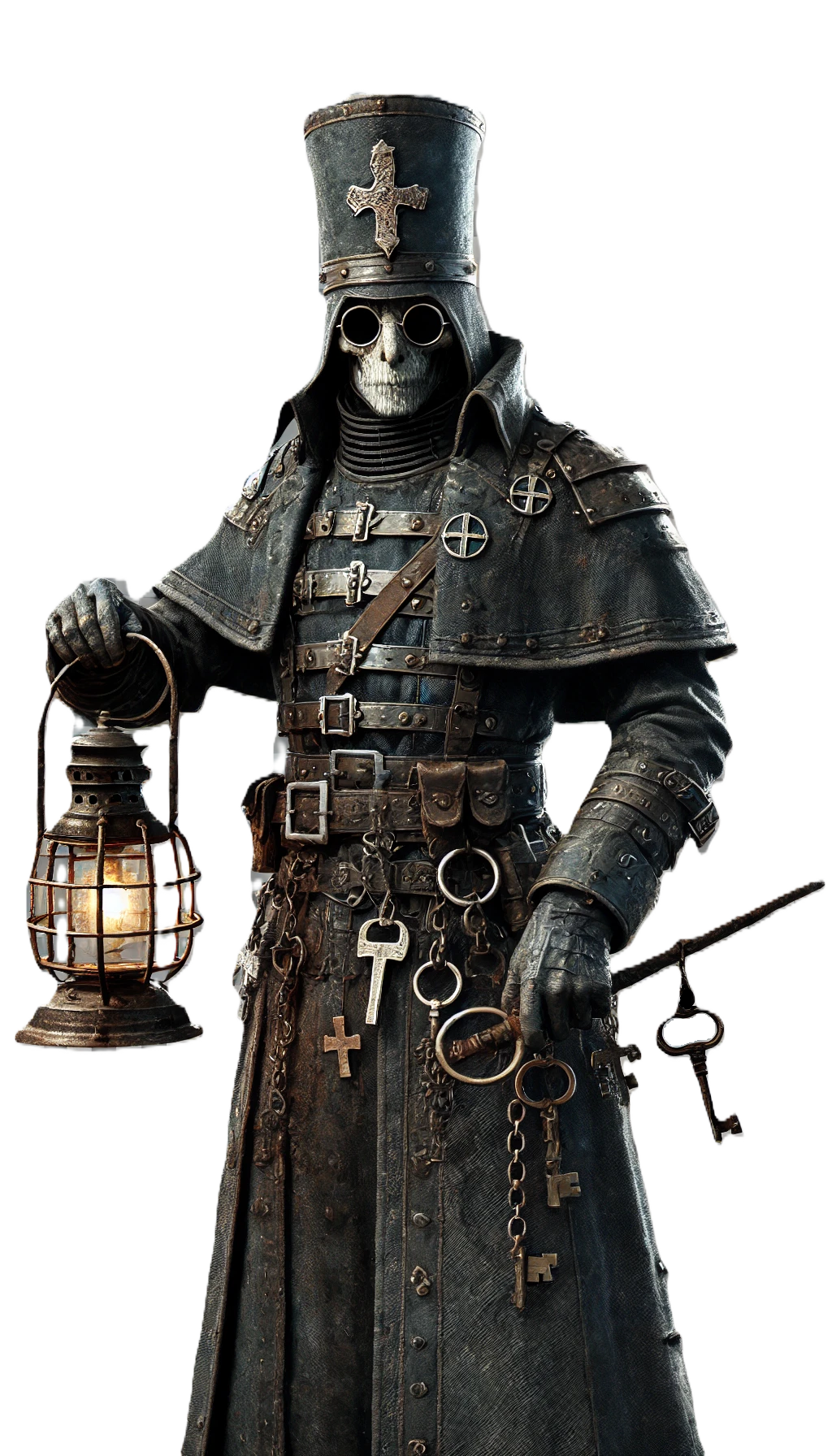 A stern underground guard standing watch in a dim dungeon corridor